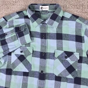 Musk Ox Mens Flannel Button Down Shirt Green Blue Plaid Long Sleeve Size XL